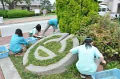 熊谷市章まわりの除草をする生徒達