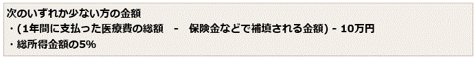 1年間に支払った医療費の総額から保険金などで補填される金額を引き、さらに10万円を引いた額又は総所得金額の5パーセントのいずれか少ない方の金額が医療費控除額です。