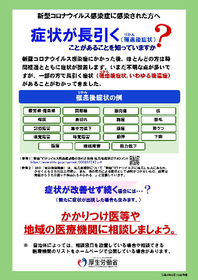 新型コロナウイルス感染症に感染された方へ　罹患後症状、いわゆる後遺症について