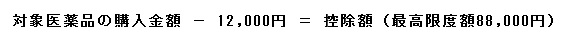 控除額は対象医薬品の購入金額から12000円を差し引いた額で、最高限度額は88000円です。